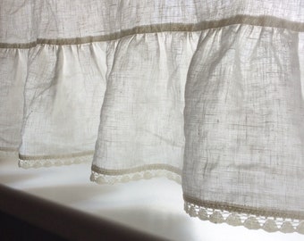 Ruffled cafe curtains, linen kitchen curtain panels with ruffle and lace edge trim, bathroom window drapery, pure linen privacy curtains