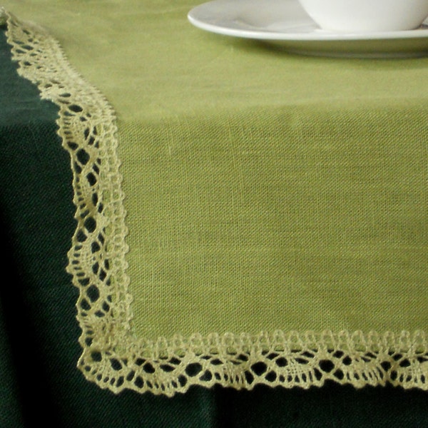 Easter table runner natural linen spring green runner with lace
