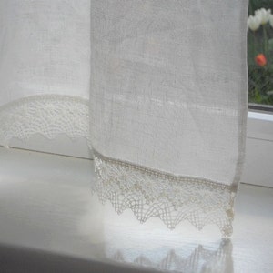Linen cafe curtain panel with lace edge trim, natural white kitchen window curtains in shabby chic french style