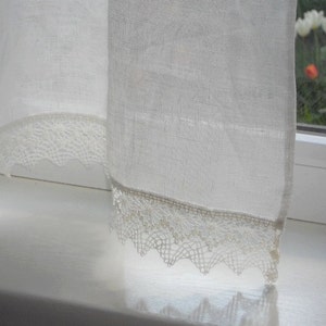 Lightweight kitchen curtains with lace edge trim, natural white linen cafe curtain panel, shabby chic french style valence