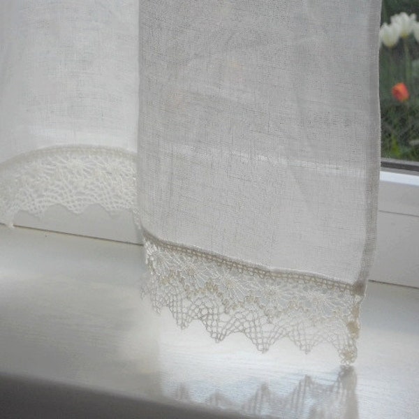 Lightweight kitchen curtains with lace edge trim, natural white linen cafe curtain panel, shabby chic french style valence