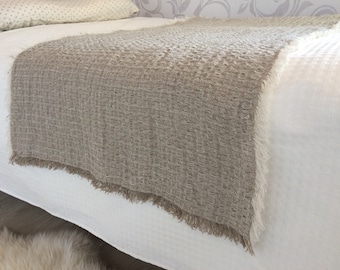 Natural Linen Bed Runner: Frayed Rustic Flax Bed Scarf, King/Queen Size Bedding