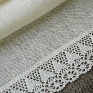 Pure linen table runner, natural white rustic European flax table decor with crochet lace, dining table topper, gift for mother