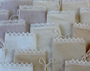 Bridal favor bags, linen and lace assorted wedding favor bags, neutral pastel color mix baptism gift bags, shower favor bags