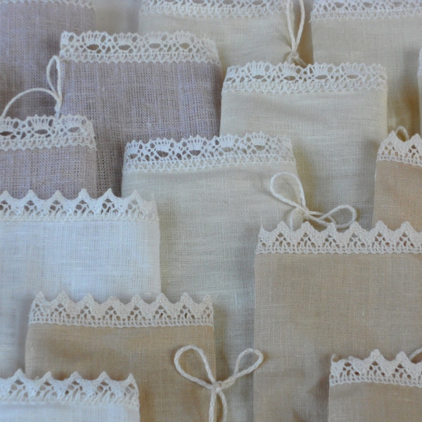 Bridal favor bags, linen and lace assorted wedding favor bags, neutral pastel color mix baptism gift bags, shower favor bags