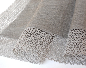 Natural undyed linen tablecloth with wide linen lace, table cloth with crochet lace edge trim
