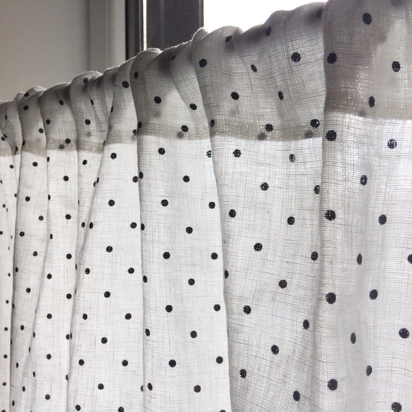 Polka dot curtain panel, pure linen cafe curtain with lace trim, ivory white black dots kitchen window curtain in shabby chic french style