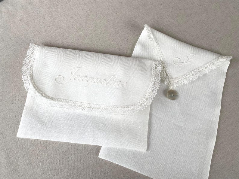 Envelope lingerie bag, personalized embroidered pure linen & lace travel underwear storage pouch, memory case image 17