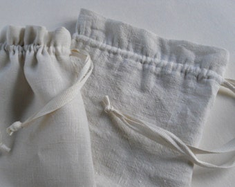 Pair of bridal lingerie bags, natural white linen drawstring bags, bridesmaid favor bags, custom made vintage look bags set of 2