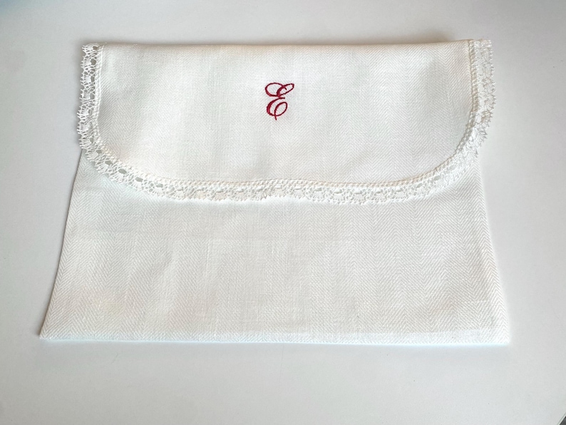 Envelope lingerie bag, personalized embroidered pure linen & lace travel underwear storage pouch, memory case image 9