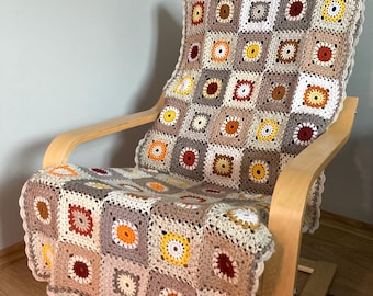 Handmade Crochet Granny Square Throw: Beige Orange Wool Blend Bed Scarf