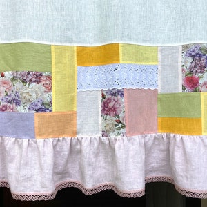 Cortina de linho patchwork para café: painel de janela de cozinha com renda floral