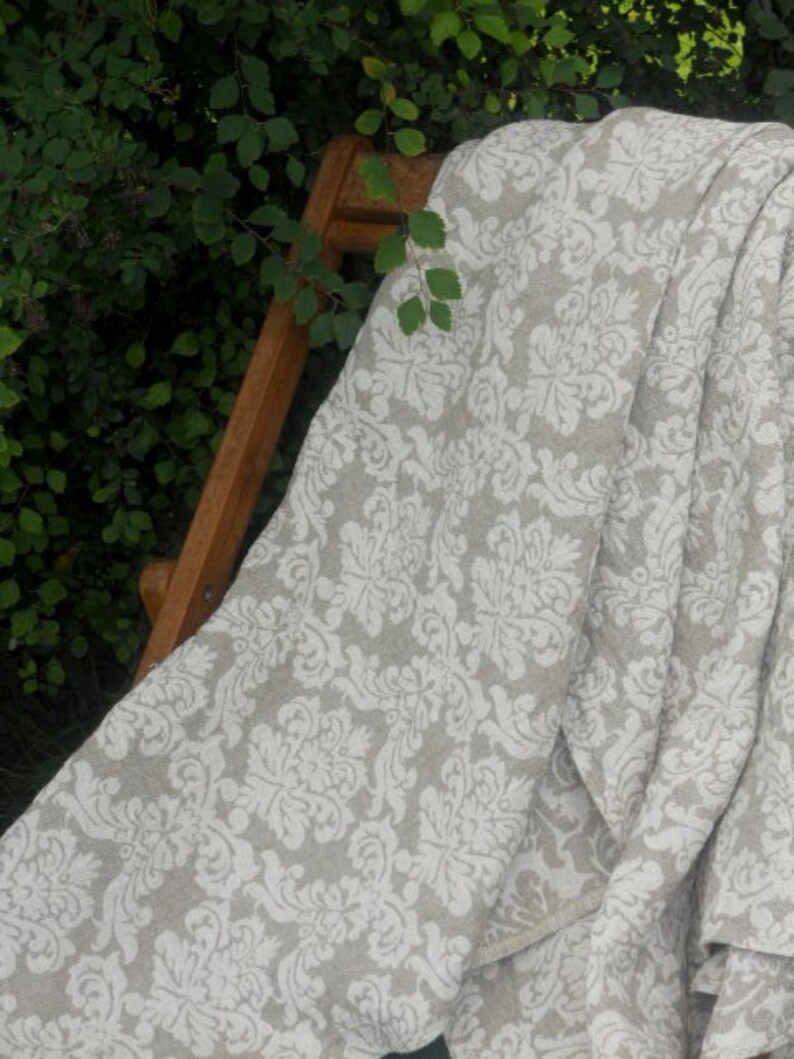Linen Throw Blanket Queen Size Natural Beige White Damask Etsy