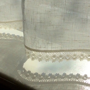Rustic linen curtain panel with lace edge trim burlap kitchen | Etsy