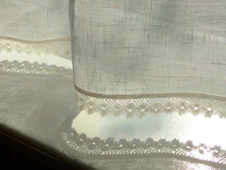 Rustic linen curtain panel with lace edge trim, burlap kitchen c Rustic linen curtain panel with lace edge trim, burlap kitchen c