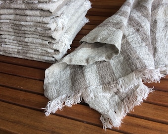 Thick linen towel, undyed natural taupe striped frayed hand towel, rough rustic pure flax kitchen dish towel, heavy weight fabric towels