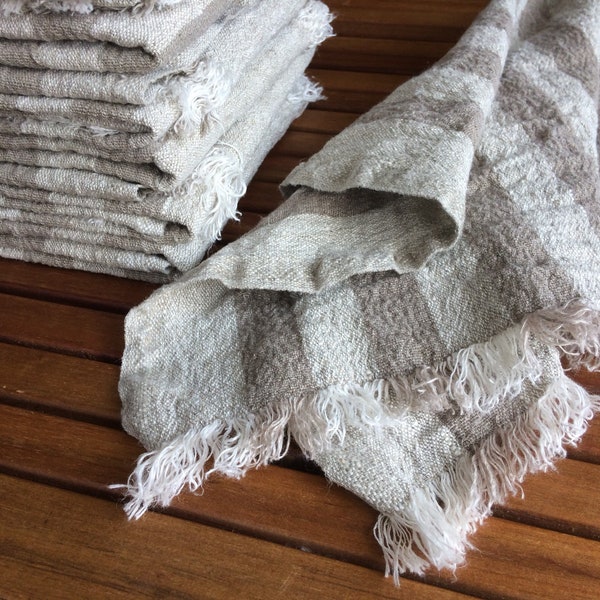 Thick linen towel, undyed natural taupe striped frayed hand towel, rough rustic pure flax kitchen dish towel, heavy weight fabric towels