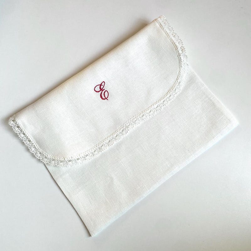 Envelope Lingerie Bag, Personalized Embroidered Pure Linen & Lace Travel Underwear Storage Pouch, Memory Case