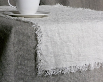 Rustic ivory table runner, prewashed frayed natural linen kitchen table runner in farmhouse shabby chic style, country style interior