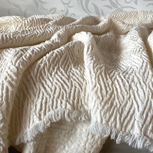 Ivory pure linen throw blanket, large rustic natural flax bedspread, frayed Queen King bed cover, coverlet, beach plaid, gift for family