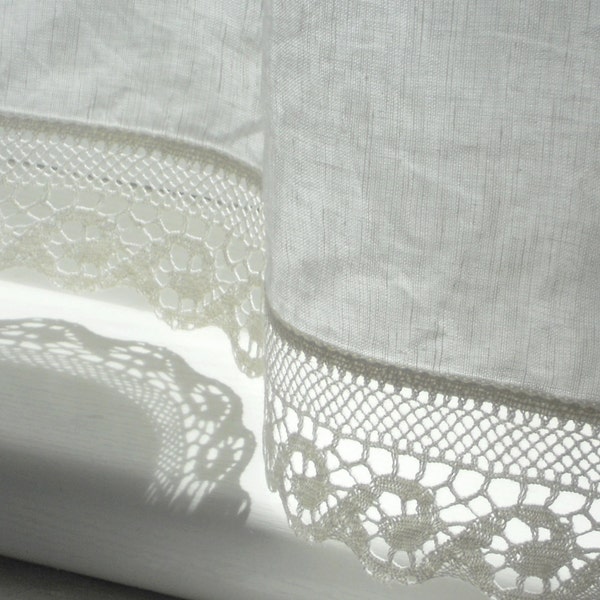 Bathroom window curtain with wave lace edge trim, natural white linen cafe curtains in french cottage style, window privacy drapery
