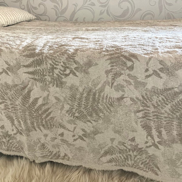 Pure linen throw blanket, undyed natural beige fern pattern bedspread, double sided nature theme bed cover, plaid, Queen King size bedding