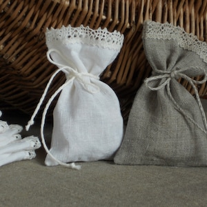 Lot de 10 sacs cadeaux en lin, pochette à bijoux avec dentelle, lavés, style shabby chic, look vintage, sacs cadeaux en lin lavés, sac cadeau nuptiale
