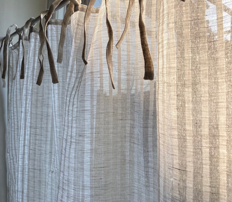 Sheer Striped Linen Curtain Panel Natural/white Tie Top Cafe Etsy