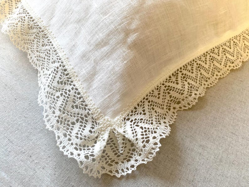 Pure Linen Pillow Case with Crochet Lace: Ivory White Natural Flax Euro Sham image 5