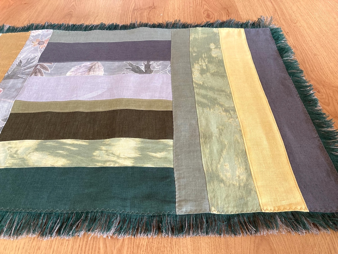 Patchwork Frayed Rug Green Yellow Linen Patchwork Floor Mat, Thick Frayed Shower Rug, Pet ...
