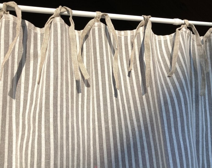 Sheer Striped Linen Curtain Panel, Natural/white Tie Top Cafe Curtain