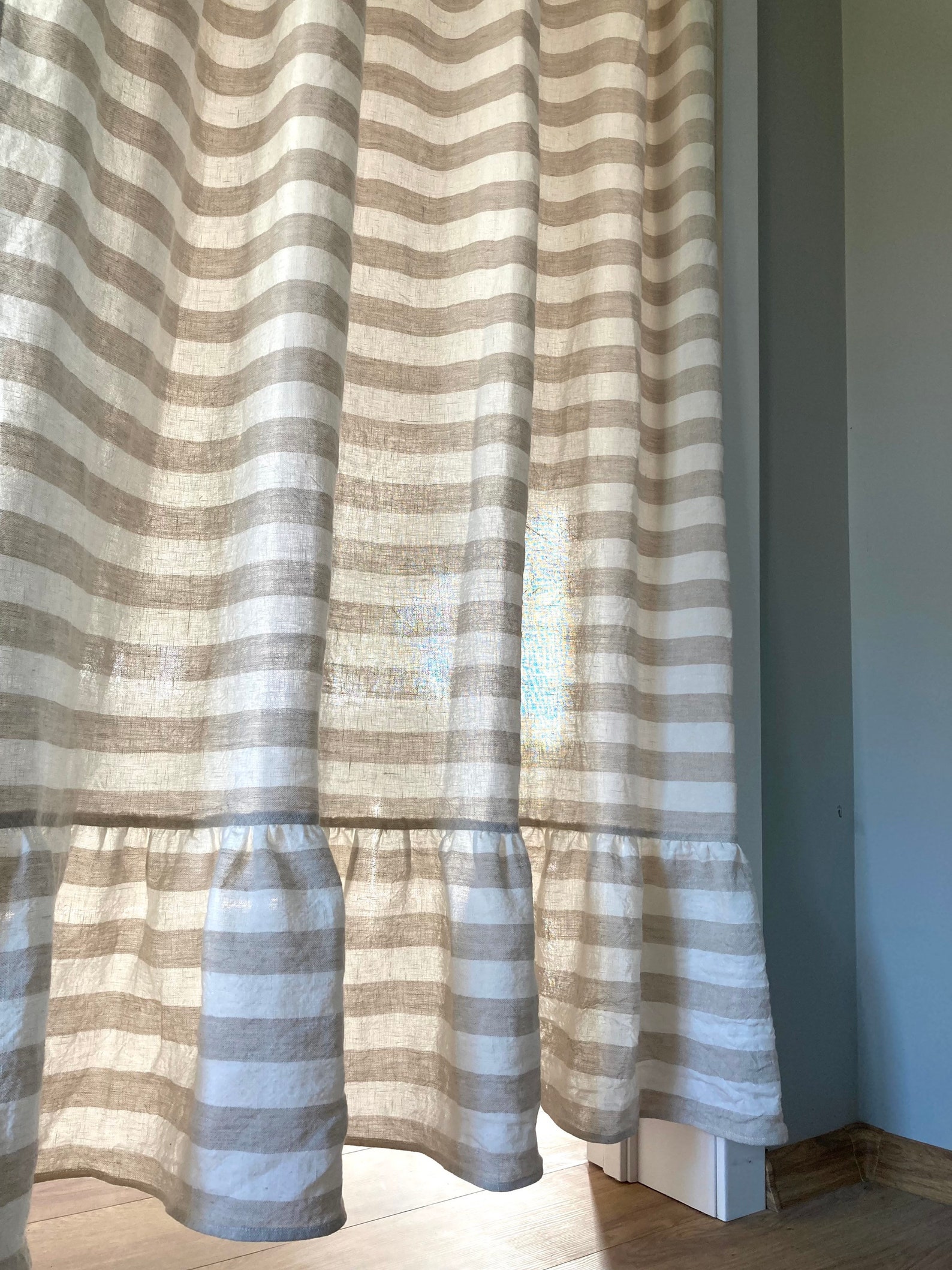 Striped Linen Shower Curtain Tab Top Ivory Natural Ruffled - Etsy