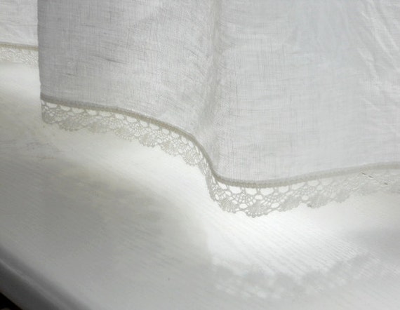 Pure Linen Kitchen Curtain with Lace Trim: Natural White Bathroom Window Panel