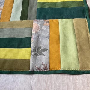 Green Yellow Linen Patchwork Floor Mat, Padded Bathroom Rug, Pet Bed