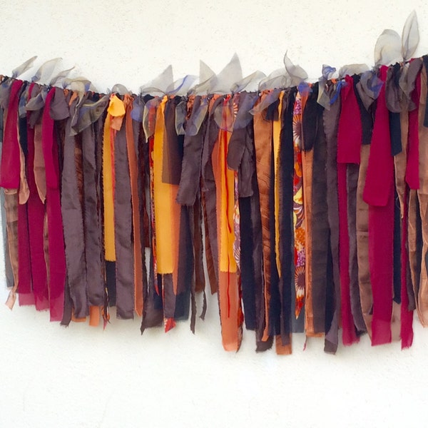 Rustic ribbon garland, fabric rag garland, brown rust orange 50 inch long backdrop prop, fall wedding decor, tent decor in autumn colors