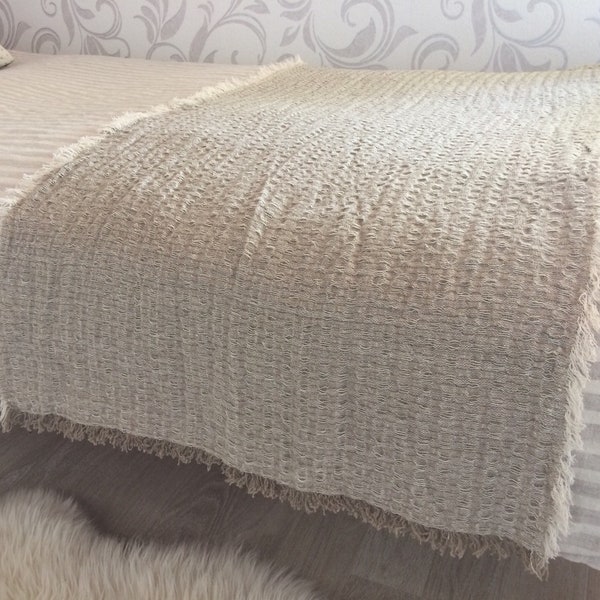 Pure linen bed runner, prewashed frayed flax bed scarf, undyed thick double sided bench cover in natural color, King or Queen size bedding