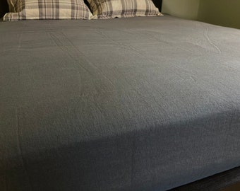 Asphalt gray flat bed sheet, soft grey natural linen full size bedding, stonewashed pure flax bed cover, mens bedding