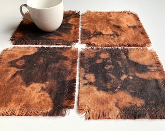 Set of 4 batik drink coasters, rust orange black cocktail table linen, hand dyed tea coffee mug mat 6 inch square, kitchen table protect