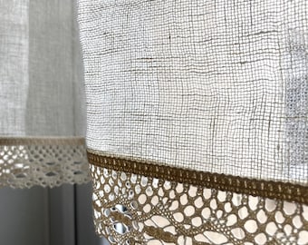 Sheer linen curtain panel with lace edge trim, cream ivory rustic pure flax gauze curtains in french cottage style, bathroom window drapery