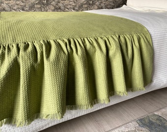 Green linen bed runner, ruffled flax cotton waffle bed scarf,  bench cover in soft green color, King or Queen size bedding