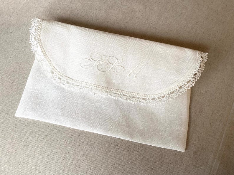 Envelope lingerie bag, personalized embroidered pure linen & lace travel underwear storage pouch, memory case image 2
