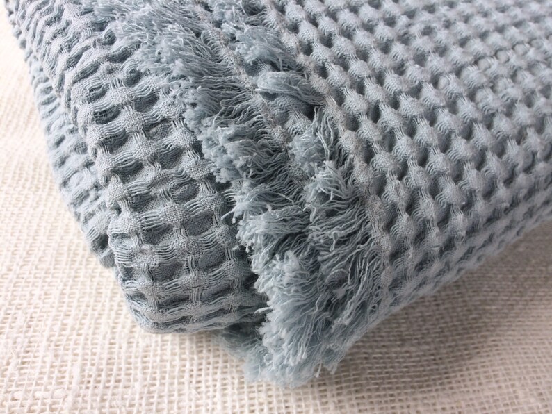 Blue bath towel large dusty blue waffle bath sheet frayed Etsy