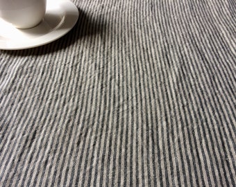 Striped linen tablecloth, dark gray / natural washed wrinkled rustic 60 inch square pure linen table cloth, pinstripe pure flax fabric