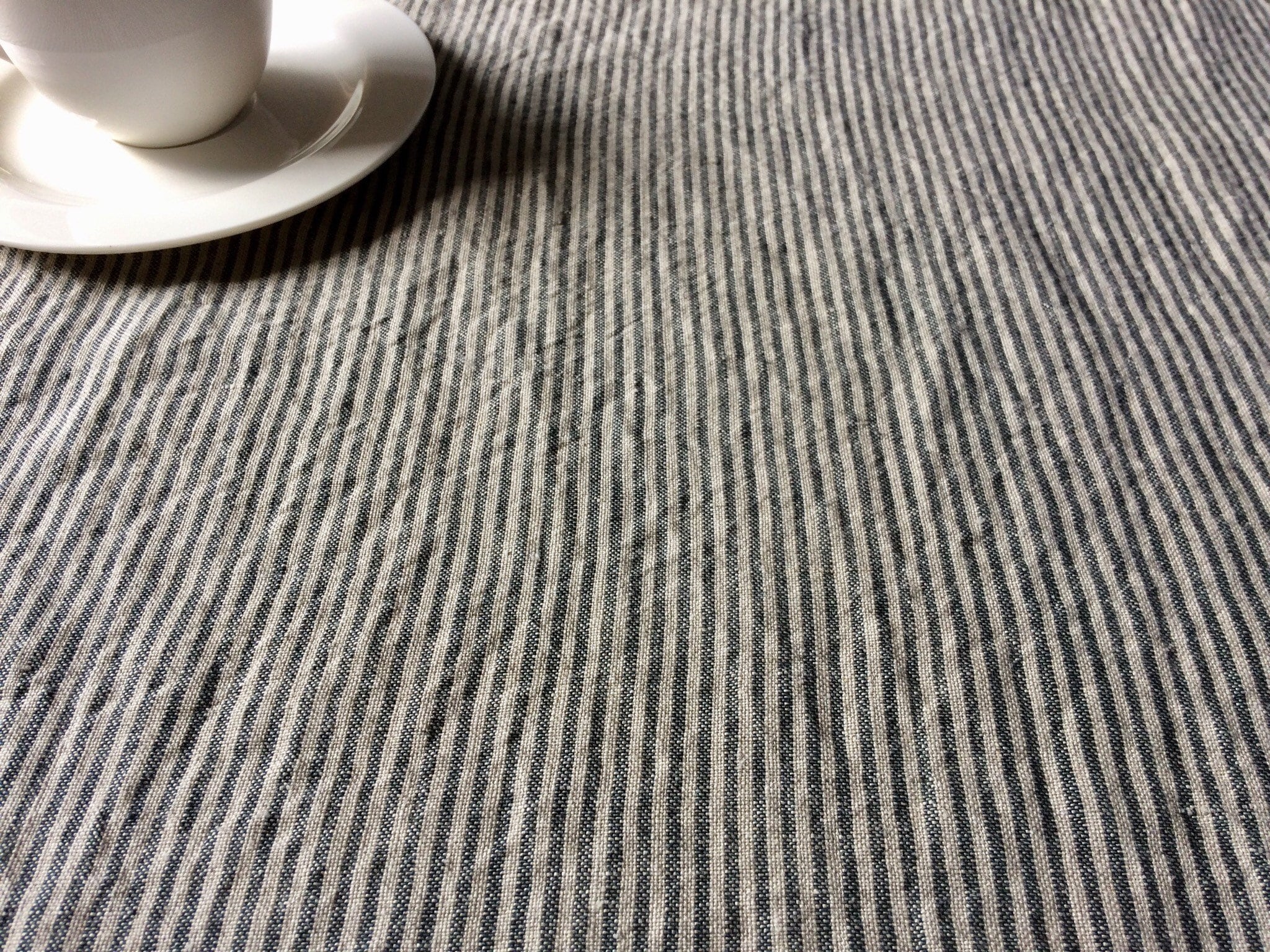 Striped linen tablecloth, dark gray / natural washed wrinkled rustic 60 inch square pure linen table cloth, pinstripe pure flax fabric
