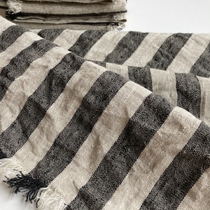 Thick striped towel, undyed natural black striped hand towel, rough rustic pure flax kitchen dish towel, heavy weight linen fabric towels