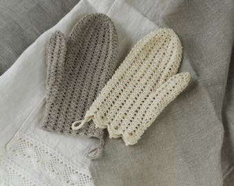 Crochet bath mitten, pure linen handknit wash glove, exfoliating flax body scrub, SPA accessory, zero waste living