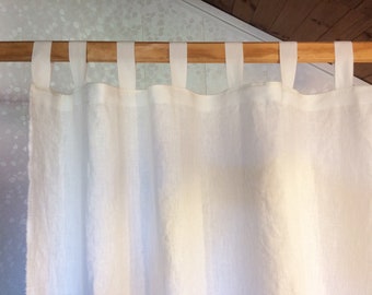 May include: White linen curtains with a simple design, hanging from a wooden rod.