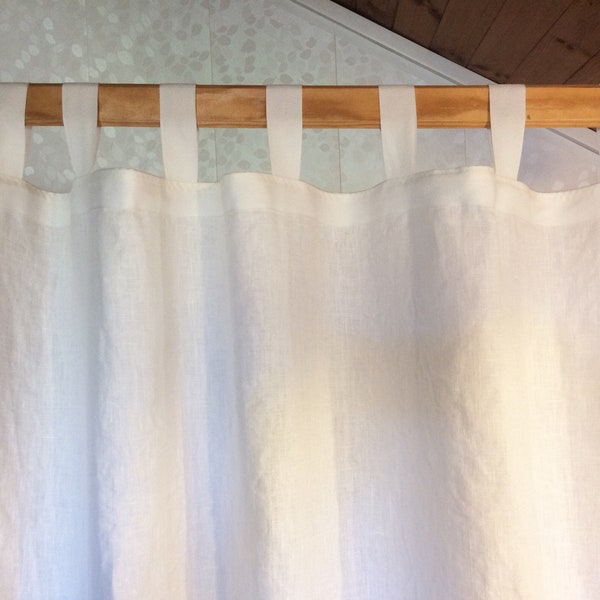 Linen shower curtain, tab top natural white curtain panel, long pure linen window drapery, custom made curtains