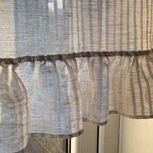 Rideau café en lin à volants : panneau de fenêtre de cuisine à rayures semi-transparent