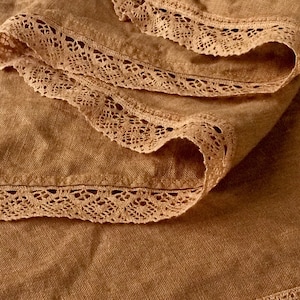 Tawny brown tablecloth with lace edge trim, cinnamon color natural linen table cloth, pure flax tablecloth in light gingerbread color